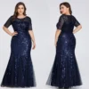 Plus Size Sequin Tulle Mermaid Evening Dress Short Sleeve Floor-Length