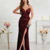 Womens Sequin Bodycon Evening Dress Spaghetti Strap V-Neck High Slit