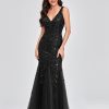 Womens Summer Mermaid Evening Gown Deep V-Neck Sleeveless Tulle Sequin Embroidered Dress