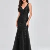 Elegant Deep V-Neck Evening Dress Gown with Embroidered Sequins