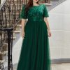 Women Plus Size Elegant Sequin Embroidery Short Sleeve Tulle Evening Gown Dress
