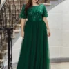 Women Plus Size Elegant Sequin Embroidery Short Sleeve Tulle Evening Gown Dress