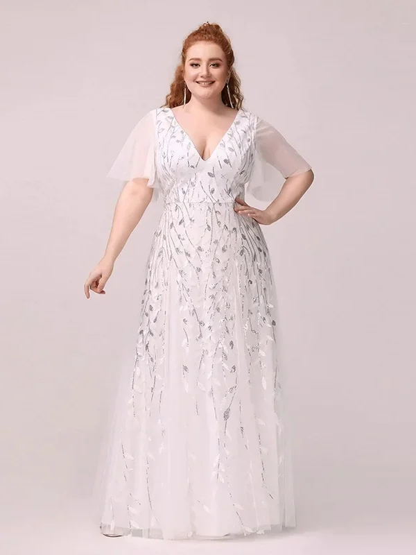 Plus Size Embroidered Sequin Evening Dress Deep V Flounce Sleeve Mermaid Train