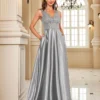 Deep-V Sleeveless Sequin Elegant Evening Gown Bridesmaid Plus Size