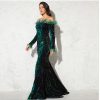 Feather Off-Shoulder Sequin Velvet Stretch Mermaid Evening Party Dress