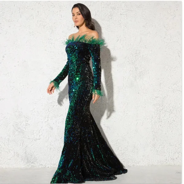 Feather Off-Shoulder Sequin Velvet Stretch Mermaid Evening Party Dress