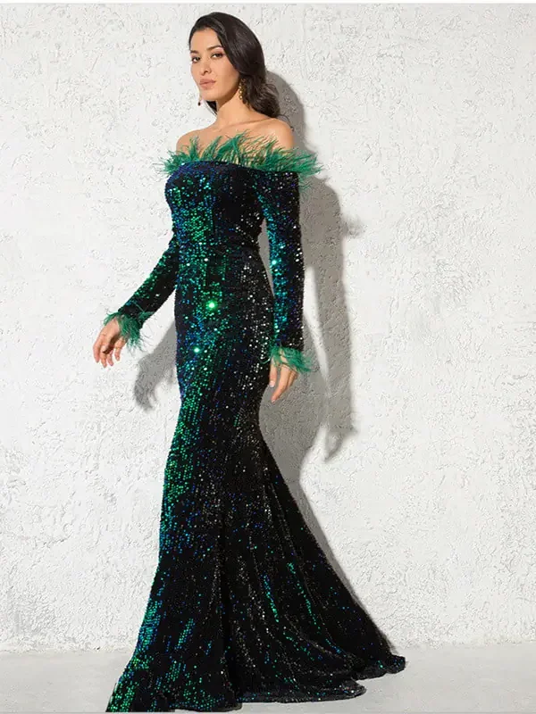 Feather Off-Shoulder Sequin Velvet Stretch Mermaid Evening Party Dress