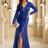 Elegant VNeck Long Sleeve Sequin Long Evening Dress Wedding Guest Cocktail