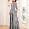 Sequin V-Neck Long Sleeve Satin Evening Gown Plus Size