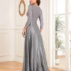 Sequin V-Neck Long Sleeve Satin Evening Gown Plus Size