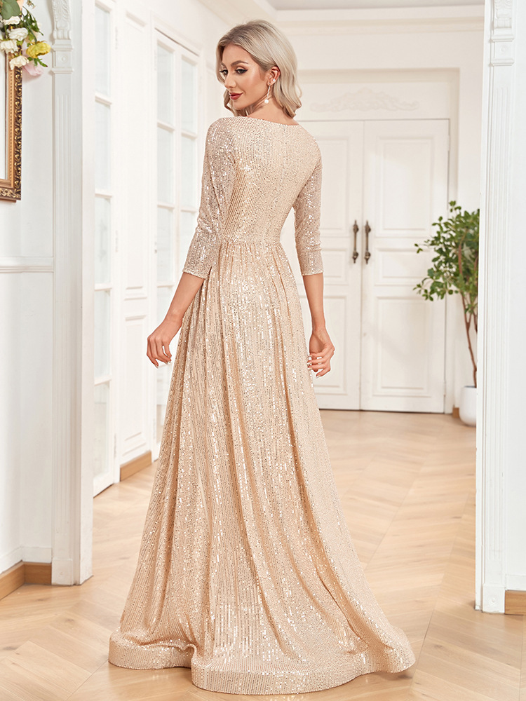 Sequin Evening Dress Women Long Sleeve V-Neck Elegant Maxi Gown