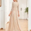 Womens Sequin V-Neck Long Sleeve Slim Maxi Evening Dress