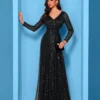 Sequin Long Sleeve V-Neck Elegant Maxi Evening Gown Women Dress