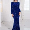 Long Sleeve Sequin Stretch Velvet Mermaid Evening Dress