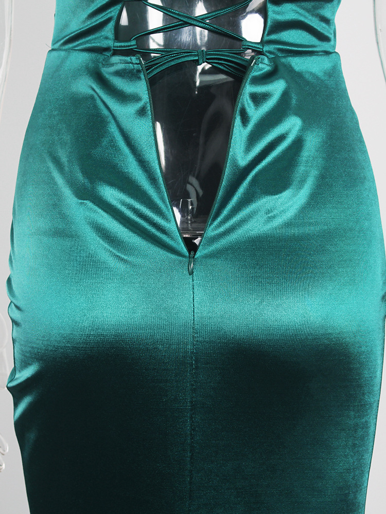 Satin Spaghetti Strap Ruched Mermaid Slit Evening Dress