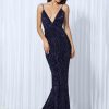 Sequin Evening Dress Women Spaghetti Strap V-Neck Backless Mermaid Gown