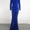 Long Sleeve Sequin Stretch Velvet Mermaid Evening Dress