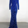 Long Sleeve Sequin Stretch Velvet Mermaid Evening Dress