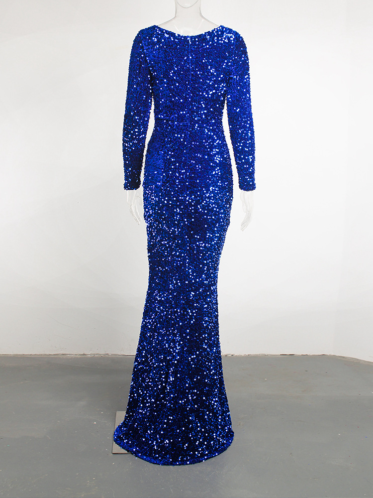 Long Sleeve Sequin Stretch Velvet Mermaid Evening Dress