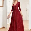 Sequin Evening Dress Women Long Sleeve V-Neck Elegant Maxi Gown