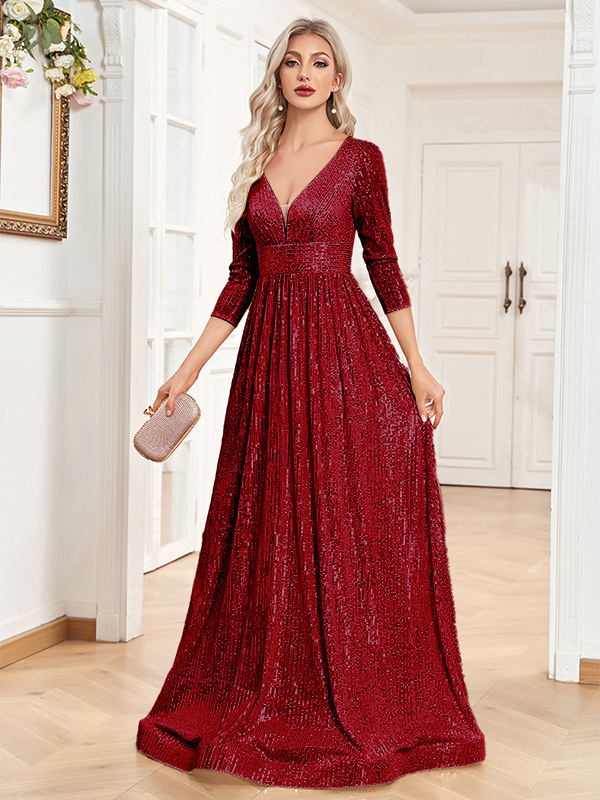 Sequin Evening Dress Women Long Sleeve V-Neck Elegant Maxi Gown