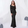 Sequin Velvet Long Sleeve V-Neck Mermaid Evening Gown Formal Party Dress