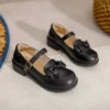 Womens Lolita Mary Jane Round Toe Bow Buckle Waxed Leather Low Heel Breathable