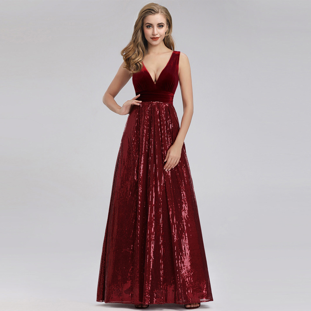 Wine Red Sequin Velvet Patchwork Sleeveless V-Neck A-Line Maxi Dress