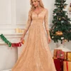 Sequin Evening Dress Women Long Sleeve V-Neck Elegant Maxi Gown