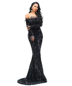 Sequin Dress Feather Off Shoulder Long Sleeve Mermaid Evening Gown