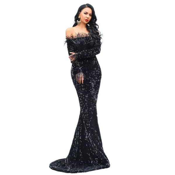 Sequin Dress Feather Off Shoulder Long Sleeve Mermaid Evening Gown