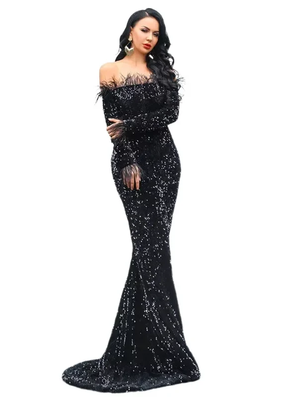 Sequin Dress Feather Off Shoulder Long Sleeve Mermaid Evening Gown