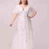 Plus Size Embroidered Sequin Evening Dress Deep V Flounce Sleeve Mermaid Train