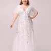 Plus Size Embroidered Sequin Evening Dress Deep V Flounce Sleeve Mermaid Train