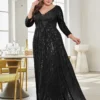 Women Plus Size Sequin Long Sleeve V-Neck Elegant Evening Party Dress