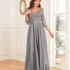 Sequin V-Neck Long Sleeve Satin Evening Gown Plus Size