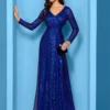 Sequin Long Sleeve V-Neck Elegant Maxi Evening Gown Women Dress
