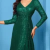 Sequin Long Sleeve V-Neck Elegant Maxi Evening Gown Women Dress