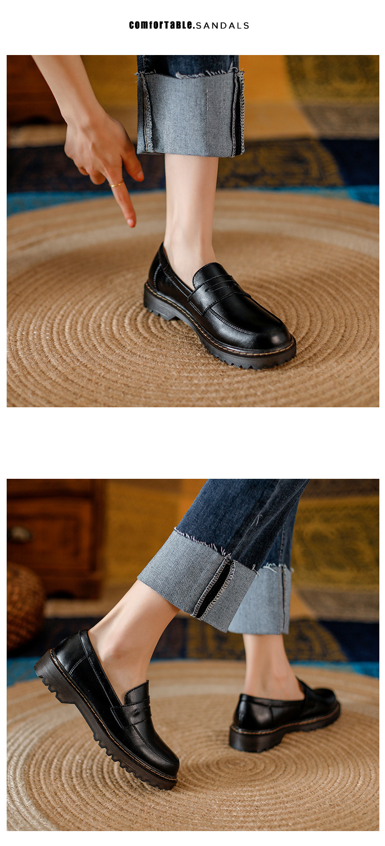 Womens Retro Round Toe Leather Loafer Flats Shoes Slip On Casual All Season