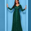 Sequin Long Sleeve V-Neck Elegant Maxi Evening Gown Women Dress