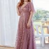 Plus Size Embroidered Sequin Evening Dress Deep V Flounce Sleeve Mermaid Train