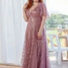 Plus Size Embroidered Sequin Evening Dress Deep V Flounce Sleeve Mermaid Train