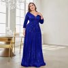 Women Plus Size Sequin Long Sleeve V-Neck Elegant Evening Party Dress