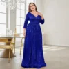 Women Plus Size Sequin Long Sleeve V-Neck Elegant Evening Party Dress