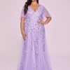 Plus Size Embroidered Sequin Evening Dress Deep V Flounce Sleeve Mermaid Train