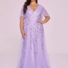 Plus Size Embroidered Sequin Evening Dress Deep V Flounce Sleeve Mermaid Train