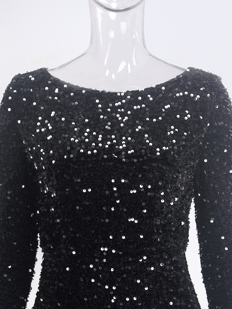 Long Sleeve Sequin Stretch Velvet Mermaid Evening Dress