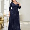 Women Plus Size Sequin Long Sleeve V-Neck Elegant Evening Party Dress