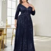 Women Plus Size Sequin Long Sleeve V-Neck Elegant Evening Party Dress