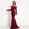 Feather Off-Shoulder Sequin Velvet Stretch Mermaid Evening Party Dress